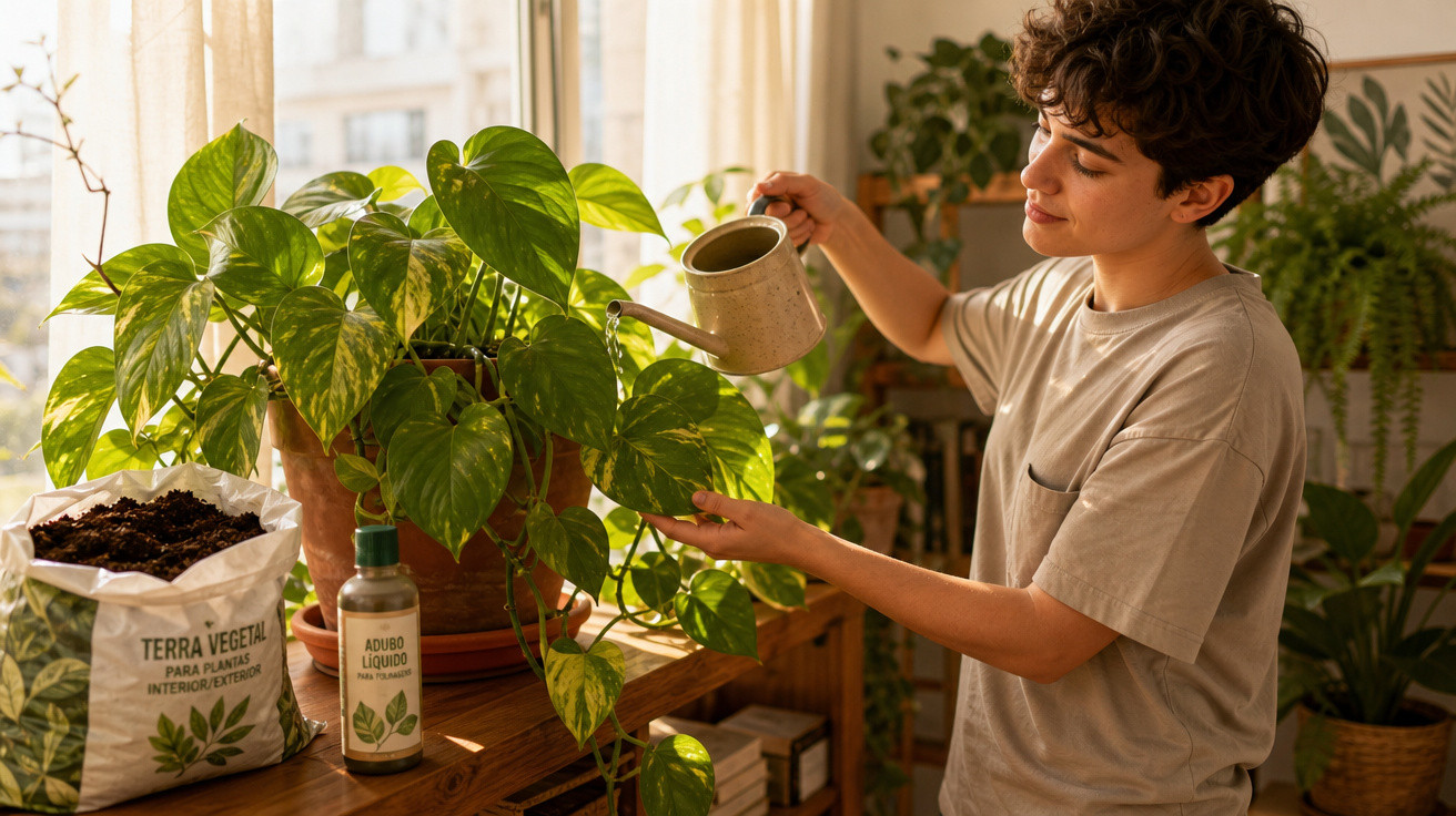Pessoa regando planta com regador dentro de casa, ao lado de terra vegetal e adubo líquido em embalagem.