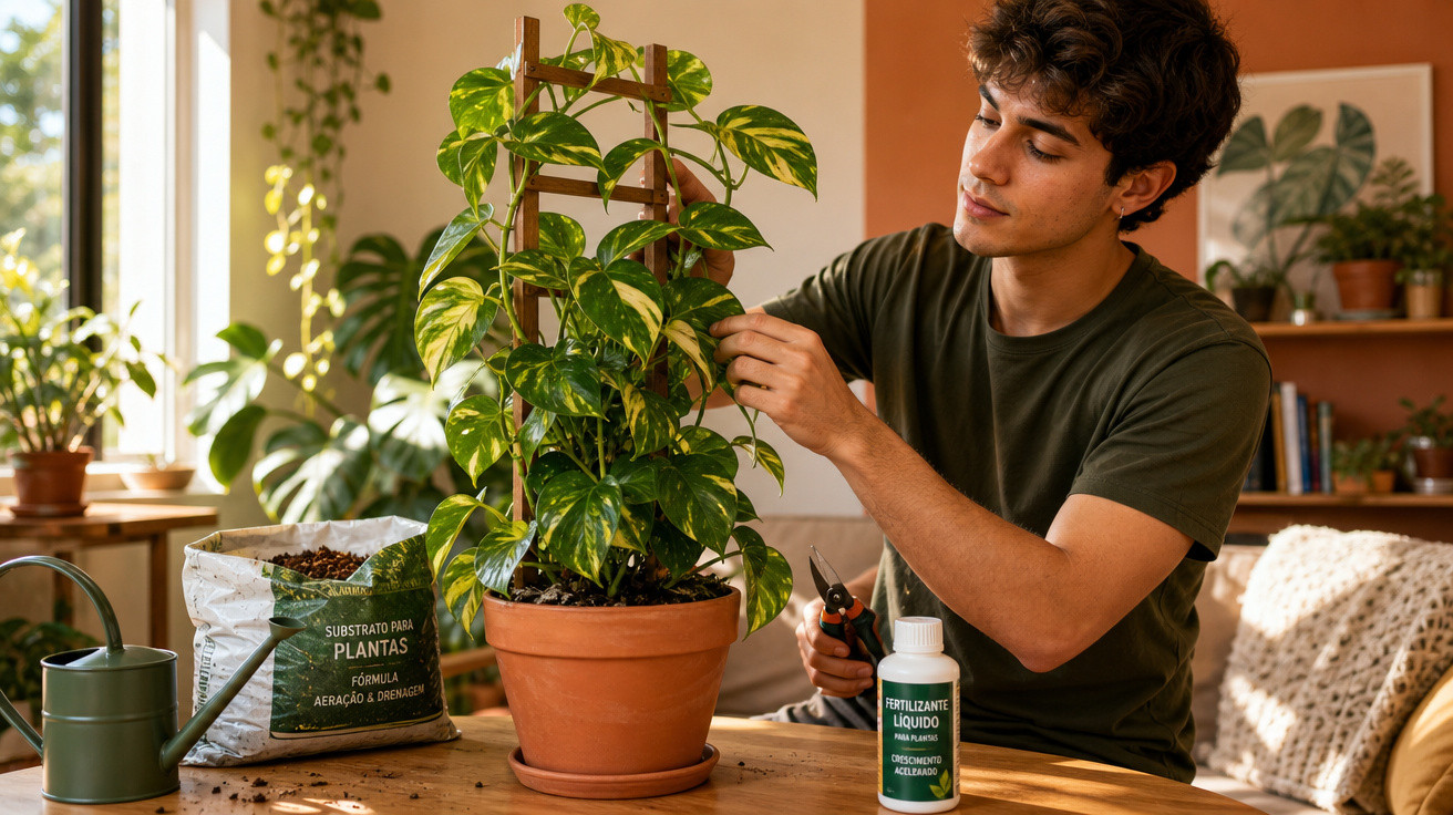 Jovem cuidando de planta em vaso dentro de casa com ferramentas de jardinagem ao redor.