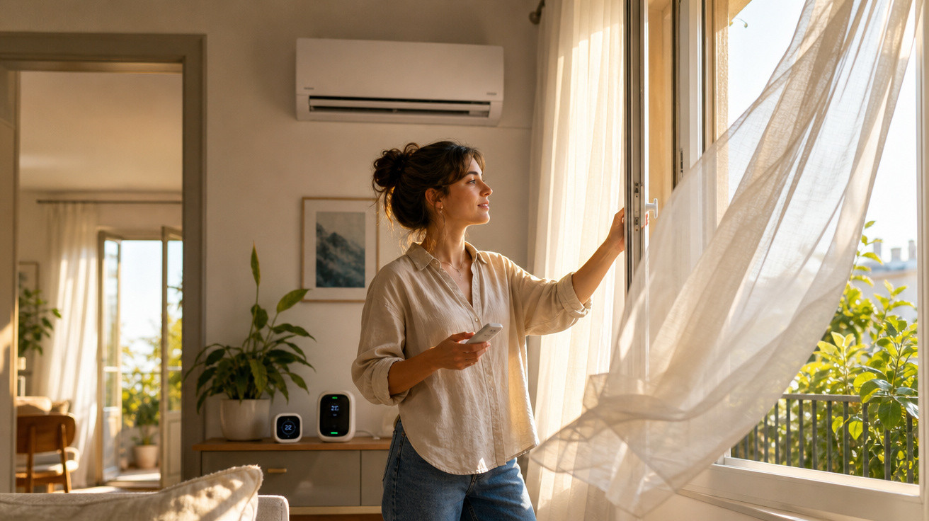 Mulher controla ar-condicionado e abre janela para arejar a sala iluminada pela luz do sol da manhã.