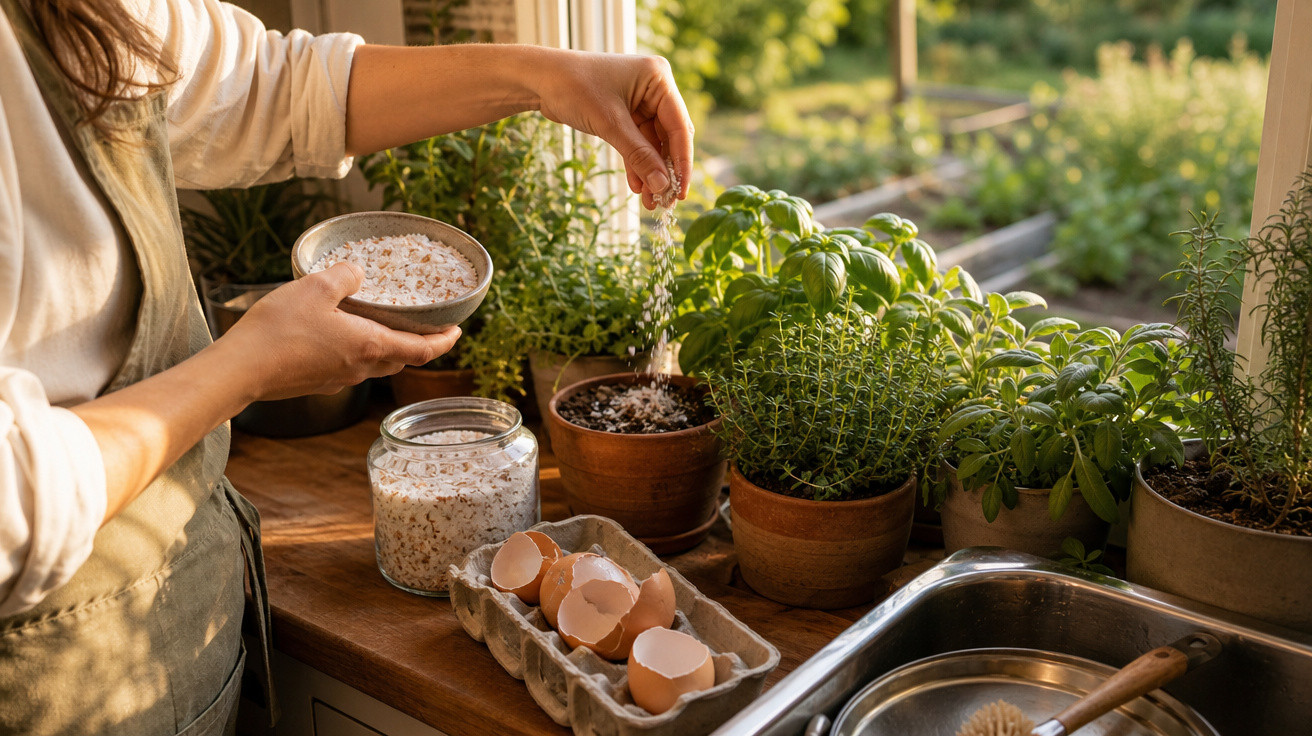 Pessoa adicionando casca de ovo moída em vaso com plantas na janela da cozinha ensolarada.