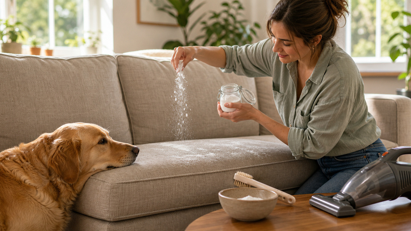 Mulher aplicando pó branco no sofá próximo a cachorro dourado, com aspirador e escova na mesa.