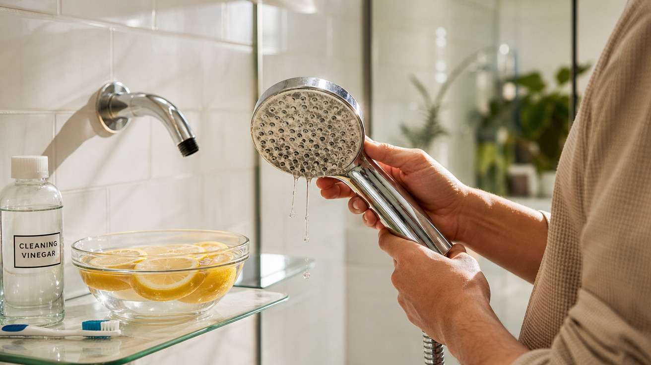 Mãos segurando chuveiro com gotas d'água, ao lado vaso com limões e vinagre de limpeza em banheiro.