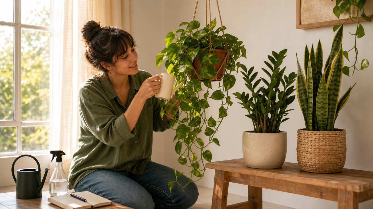 Mulher regando plantas domésticas com regador branco em ambiente claro e acolhedor.