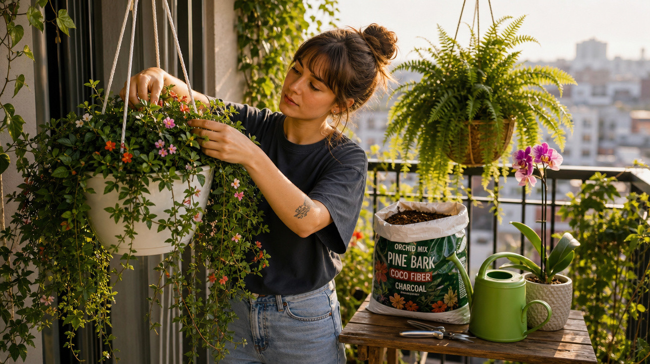 Mulher cuidando de plantas penduradas na varanda em tarde ensolarada com materiais de jardinagem.