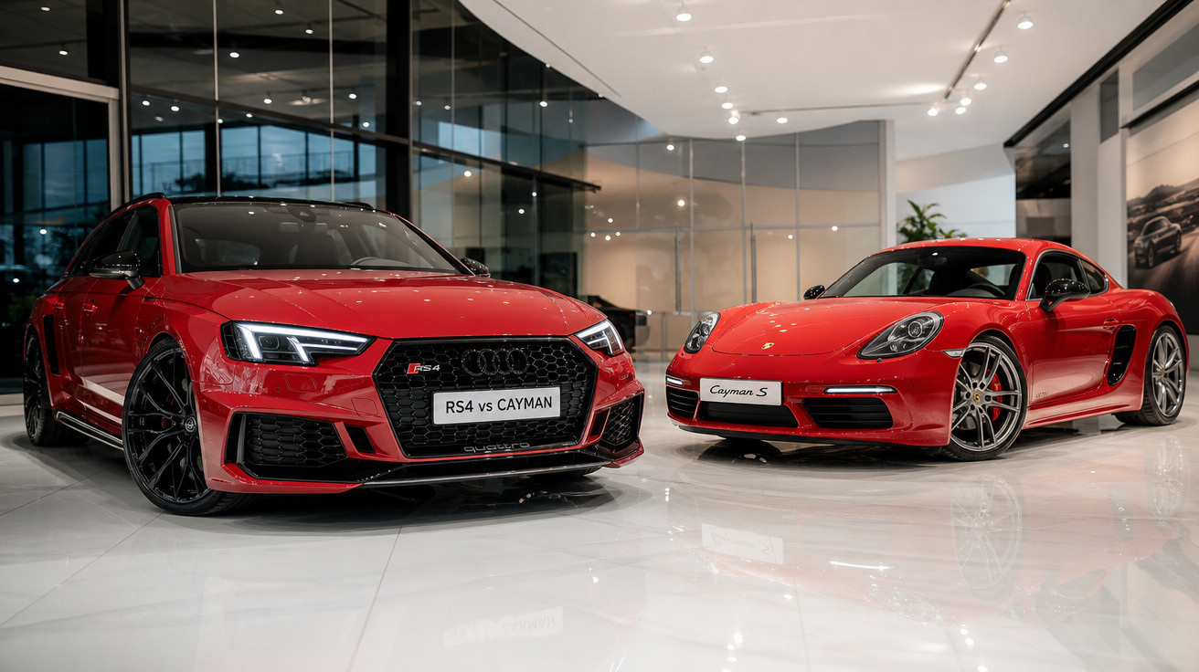 Dois carros esportivos vermelhos, Audi RS4 e Porsche Cayman S, em showroom moderno e iluminado.
