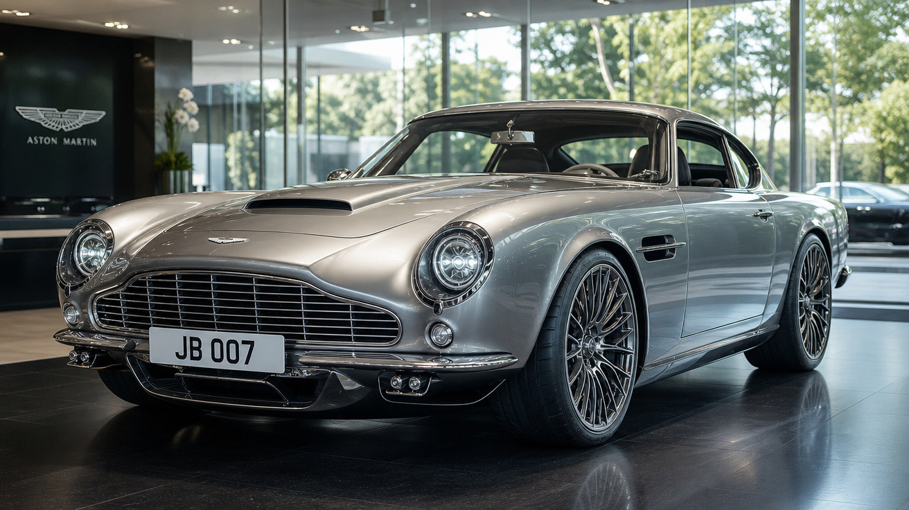 Carro esportivo clássico Aston Martin prateado em showroom com placa personalizada JB 007.