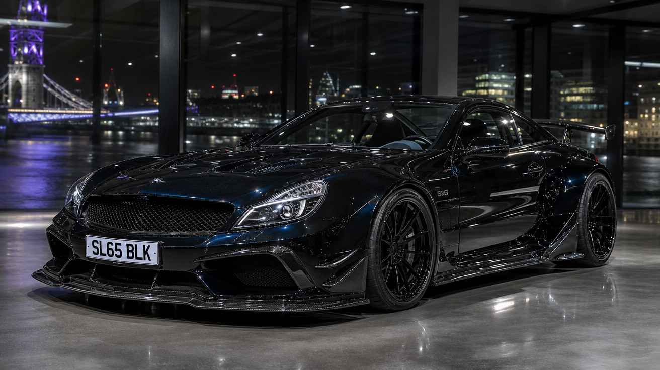Carro esportivo preto com design aerodinâmico estacionado em ambiente interno à noite.