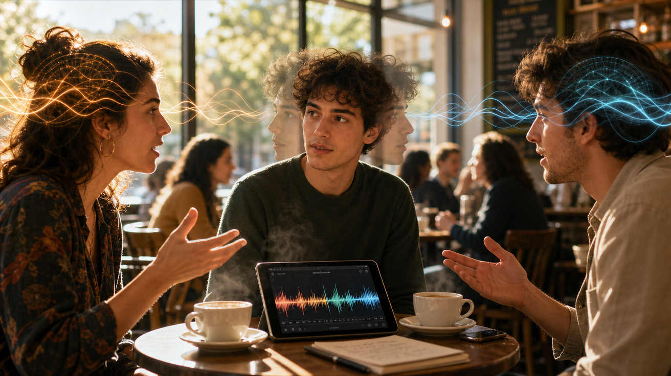 Três pessoas conversando em café com gráfico de áudio em tablet e ondas sonoras conectando suas cabeças.