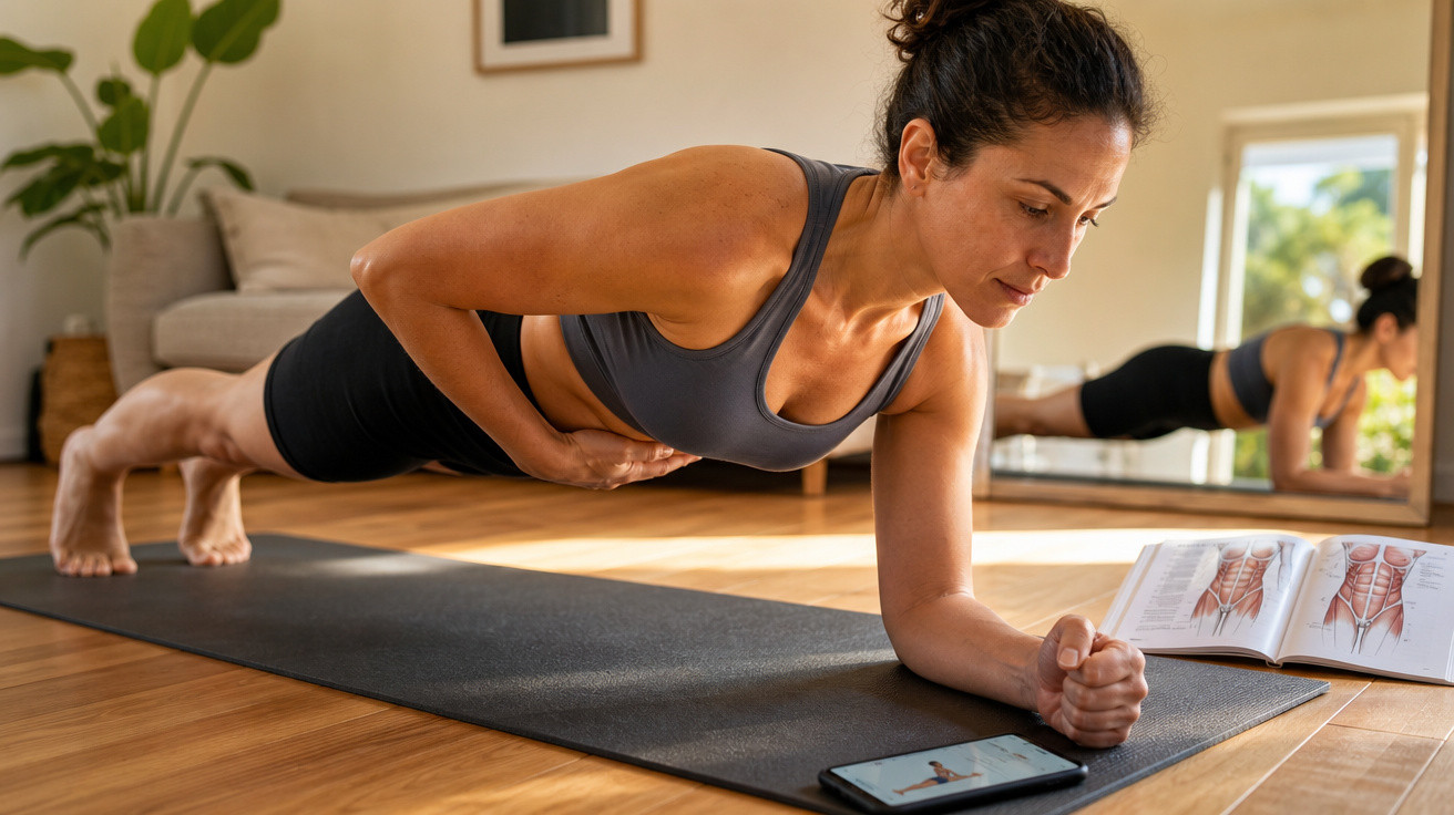 Mulher fazendo prancha assistindo vídeo de exercícios no celular em sala com espelho e livro aberto.
