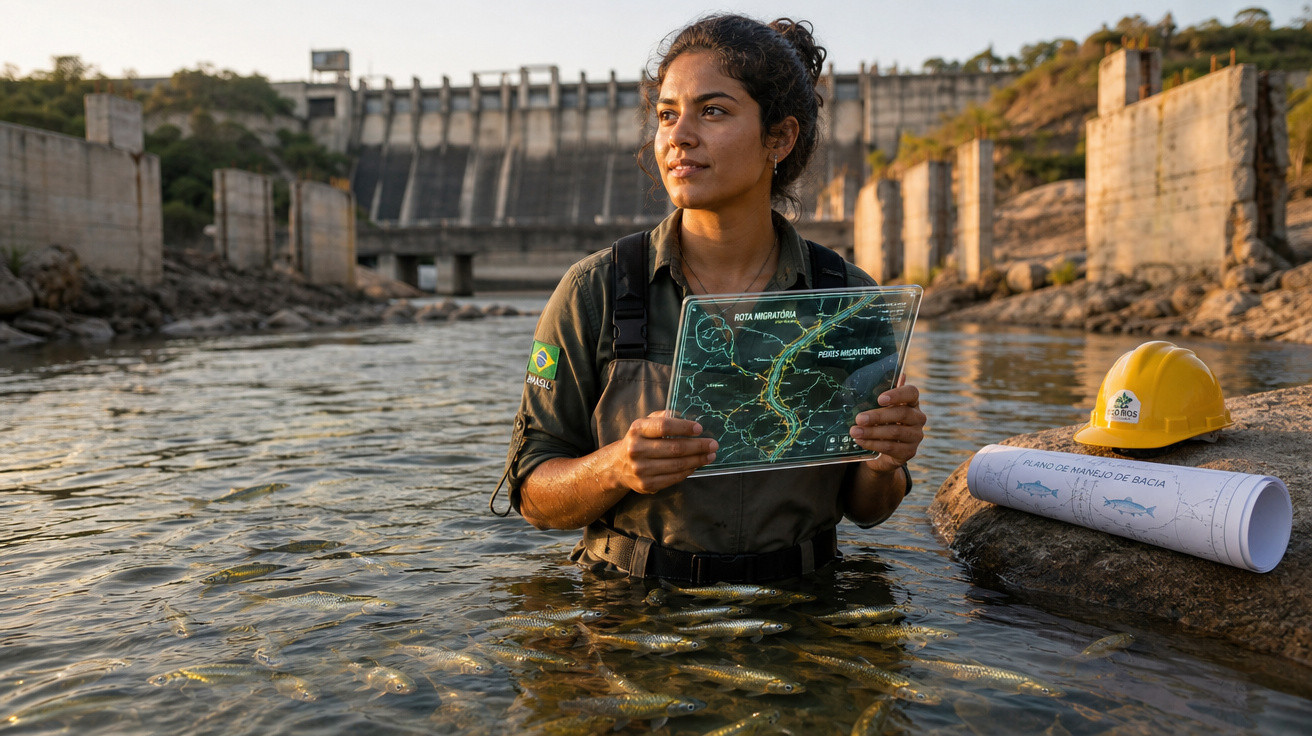 Mulher em uniforme segura mapa em rio, com barragem ao fundo e capacete ao lado sobre pedra.