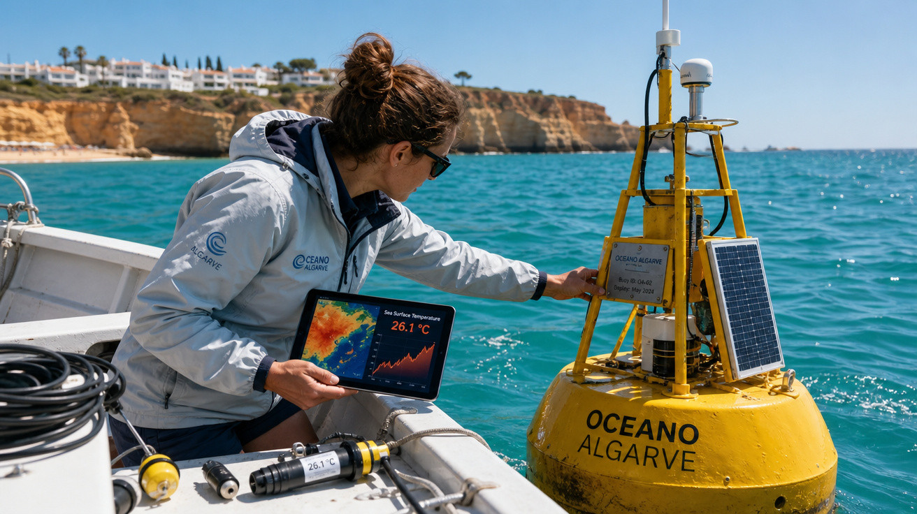 Pesquisadora em barco ajusta boia amarela de monitoramento oceanográfico em mar azul próximo à costa.