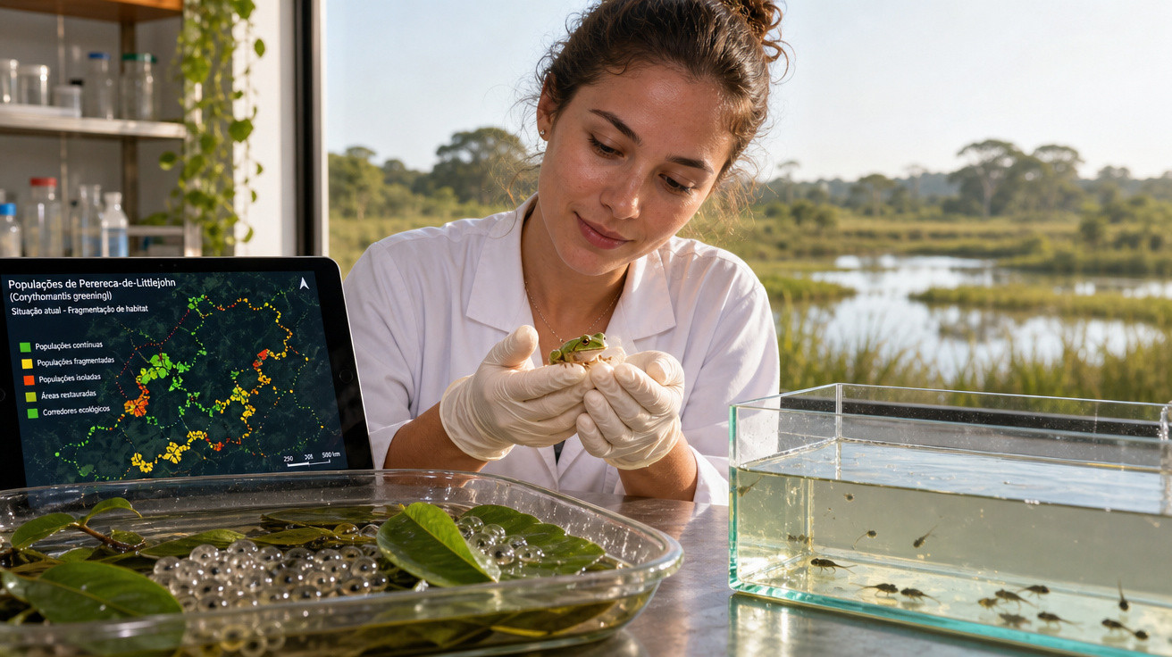 Cientista em laboratório segurando sapo, com ovos, tanques de água e mapa de populações ao fundo.