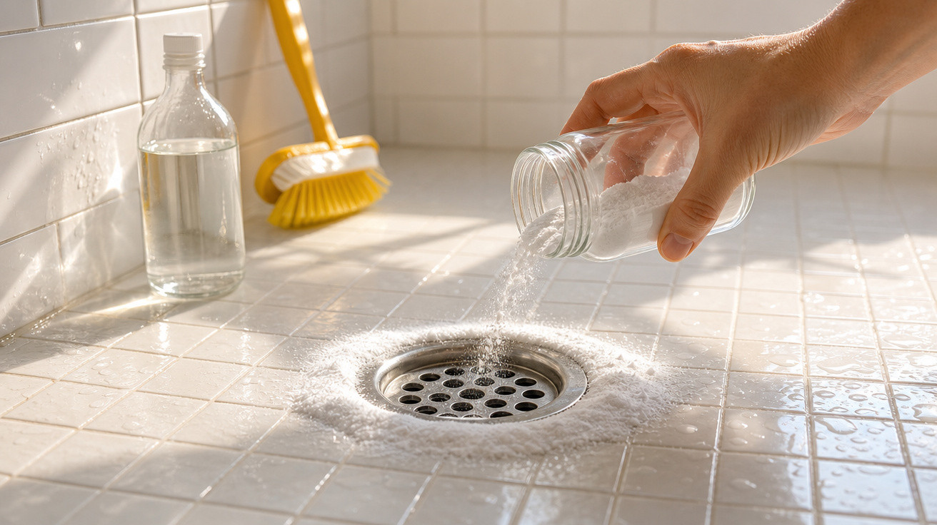 Mão despejando um pó branco no ralo de uma pia de azulejos com uma escova e garrafa ao fundo.