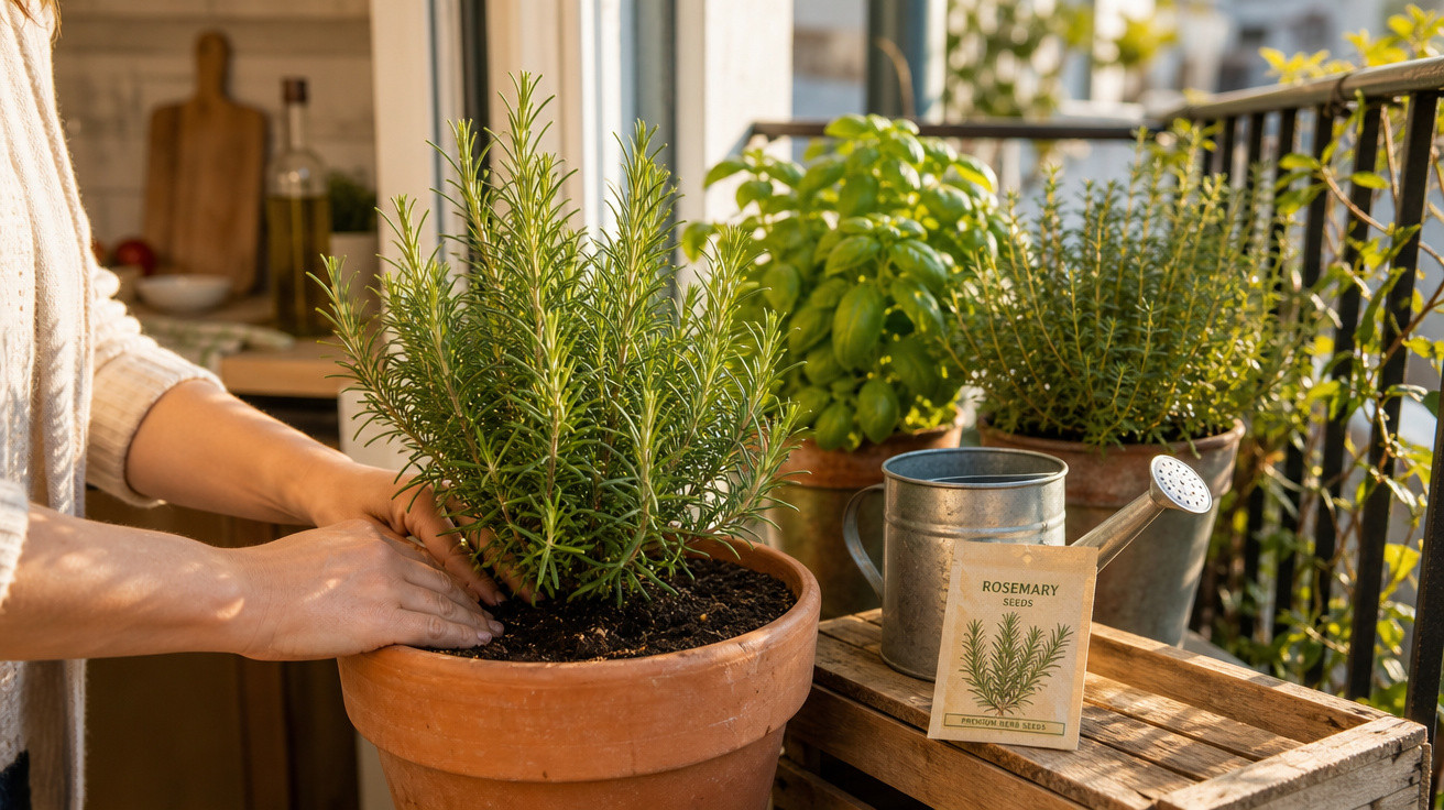 Mãos cuidando de planta de alecrim em vaso na varanda com regador e outras ervas ao fundo.