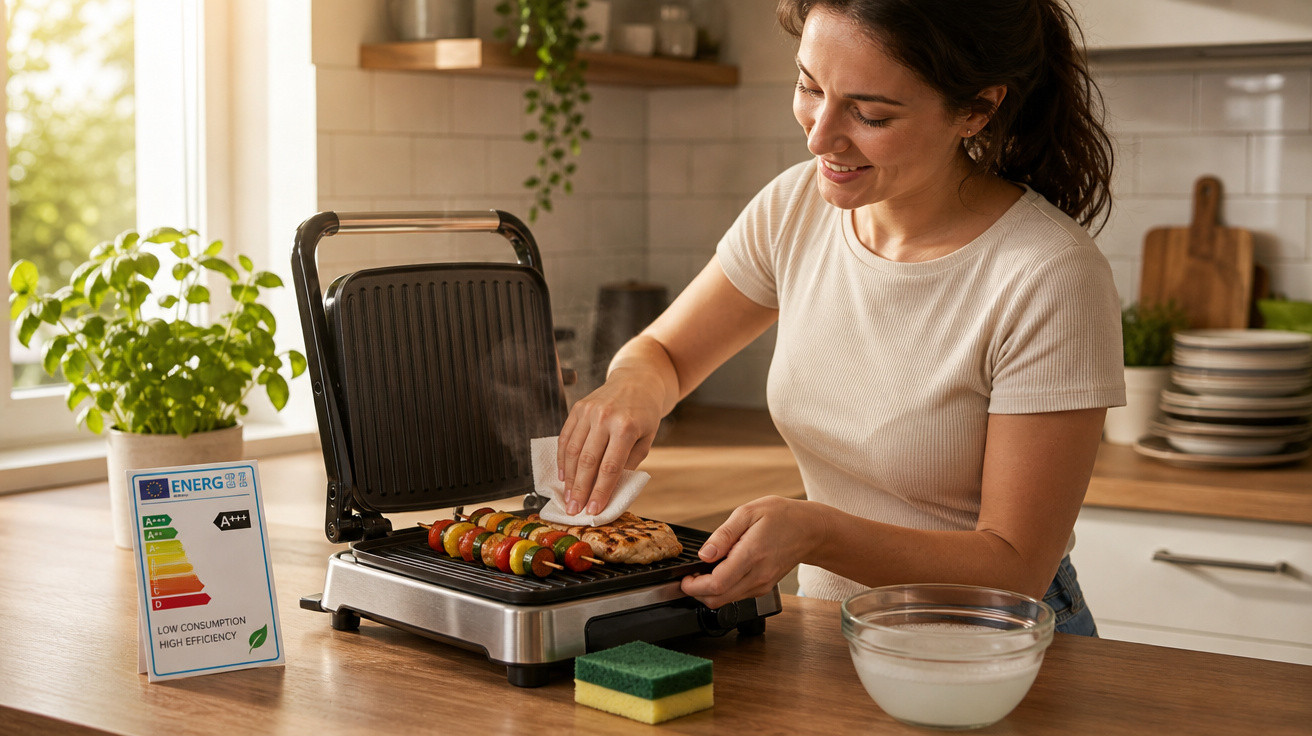 Mulher limpando grelha elétrica com frango e legumes na cozinha iluminada e planta ao lado.