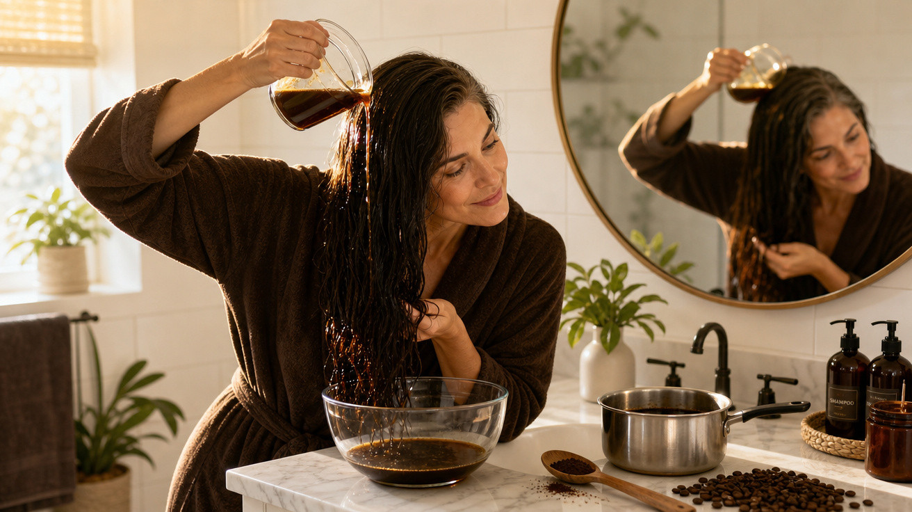 Mulher em robe marrom aplicando tratamento natural de café no cabelo no banheiro iluminado.