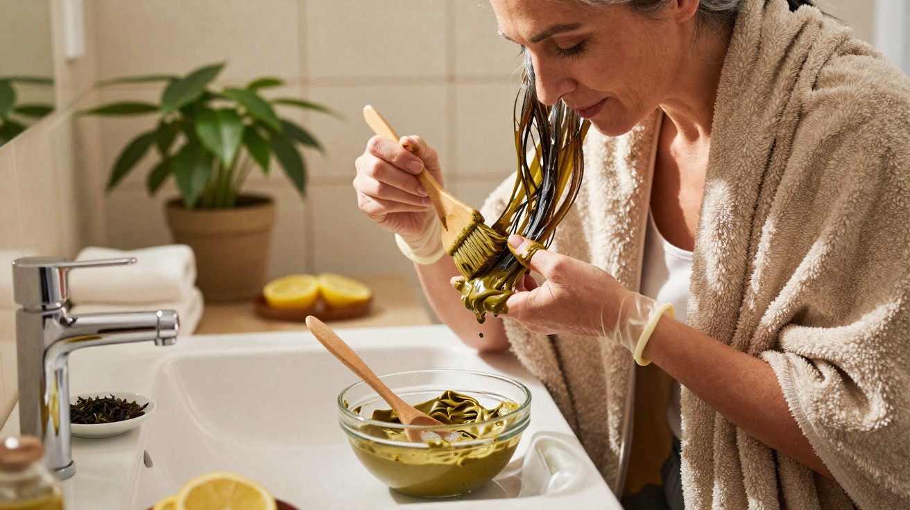 Mulher aplicando máscara capilar verde nos cabelos no banheiro, usando luvas e roupão bege.