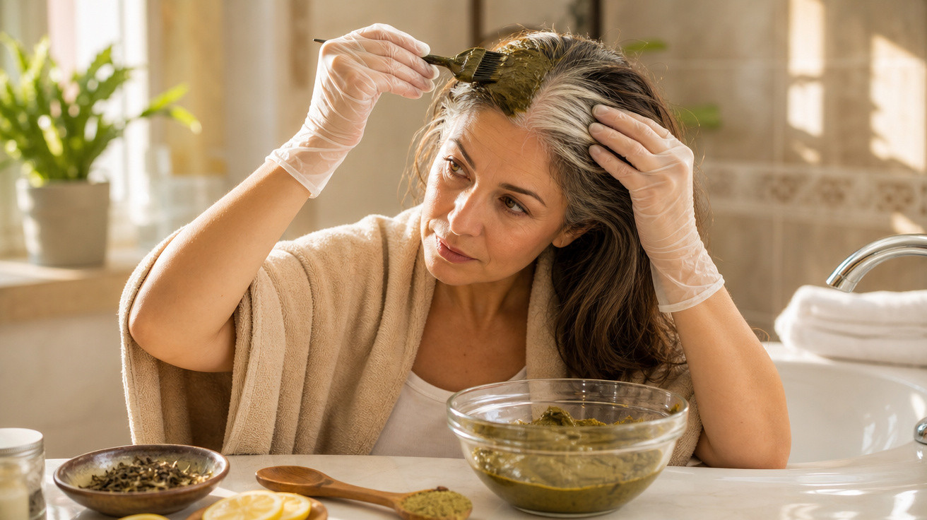 Mulher aplicando tinta vegetal no cabelo grisalho com pincel, usando luvas e roupa de banho.