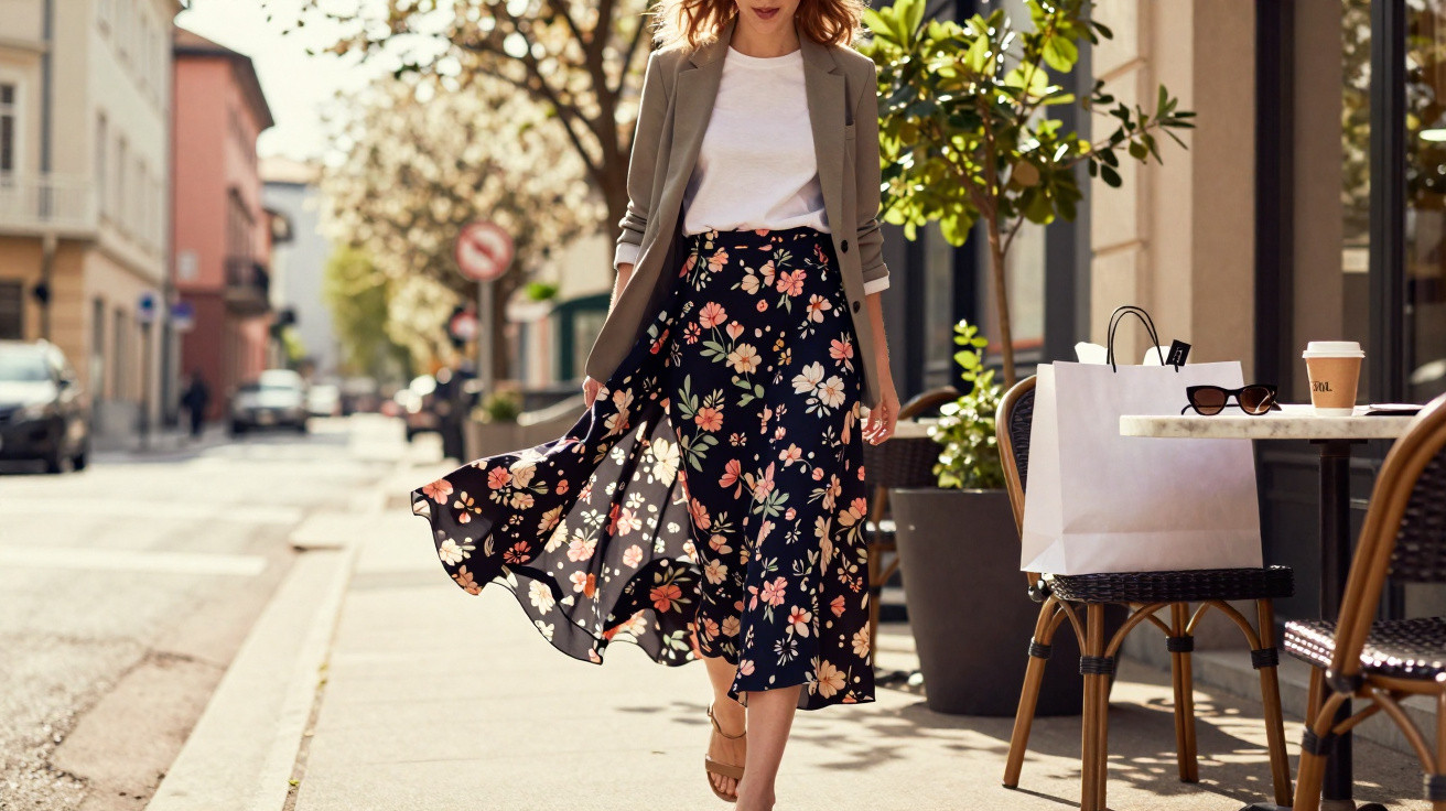 Mulher caminhando na rua com saia longa floral, camiseta branca e blazer cinza, ao lado de mesa de café.
