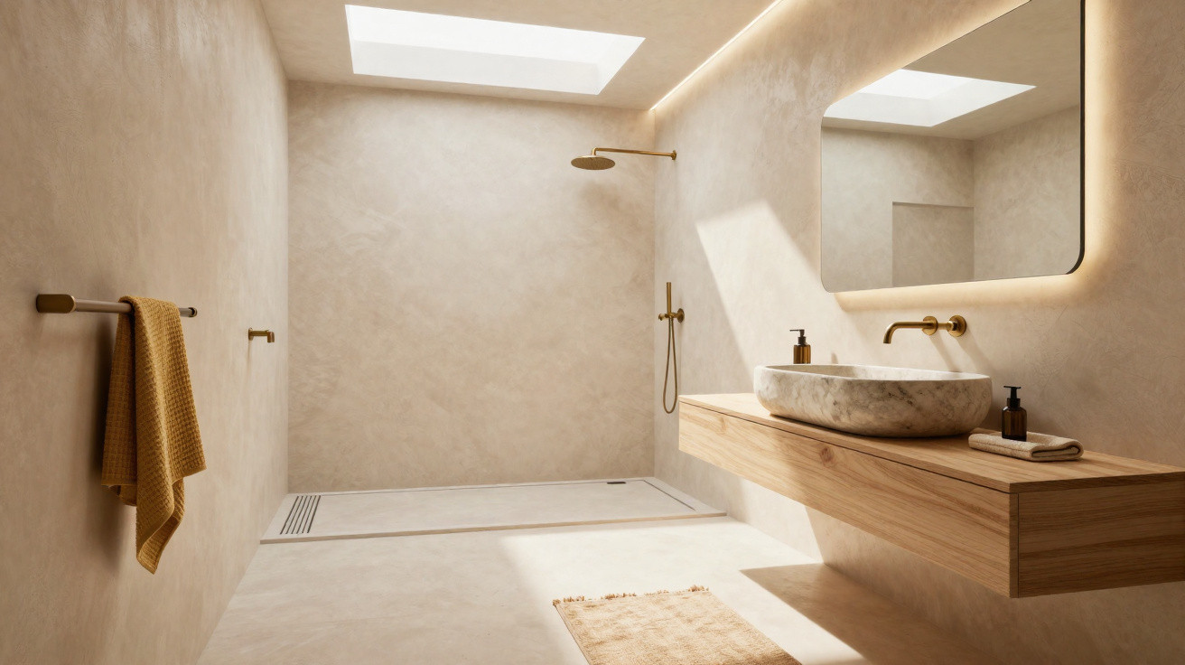 Banheiro minimalista com chuveiro embutido, bancada flutuante de madeira e toalha amarela.