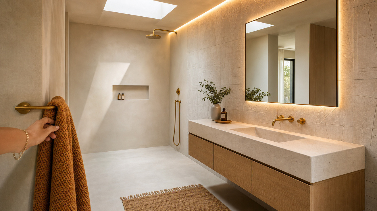 Banheiro moderno com pia dupla, espelho iluminado, ducha e decoração em tons neutros e madeira.