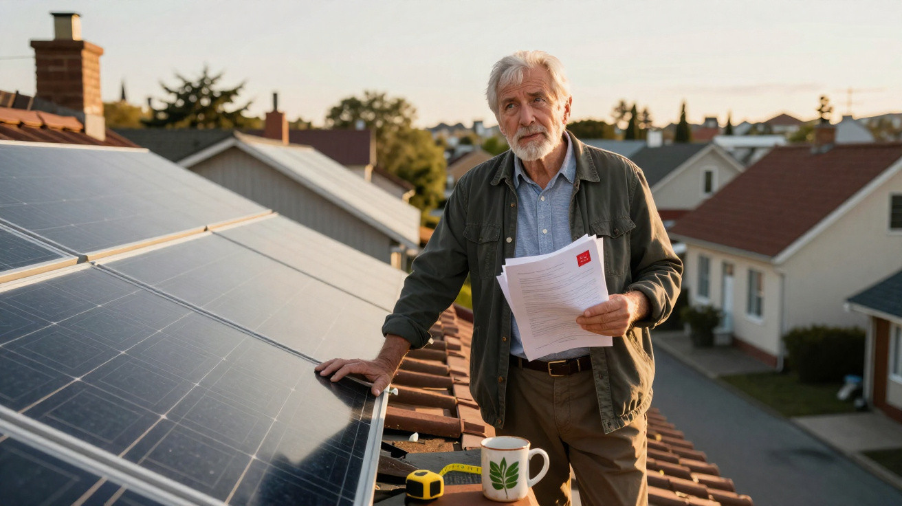Homem idoso segurando documentos ao lado de painéis solares em telhado residencial ao pôr do sol.