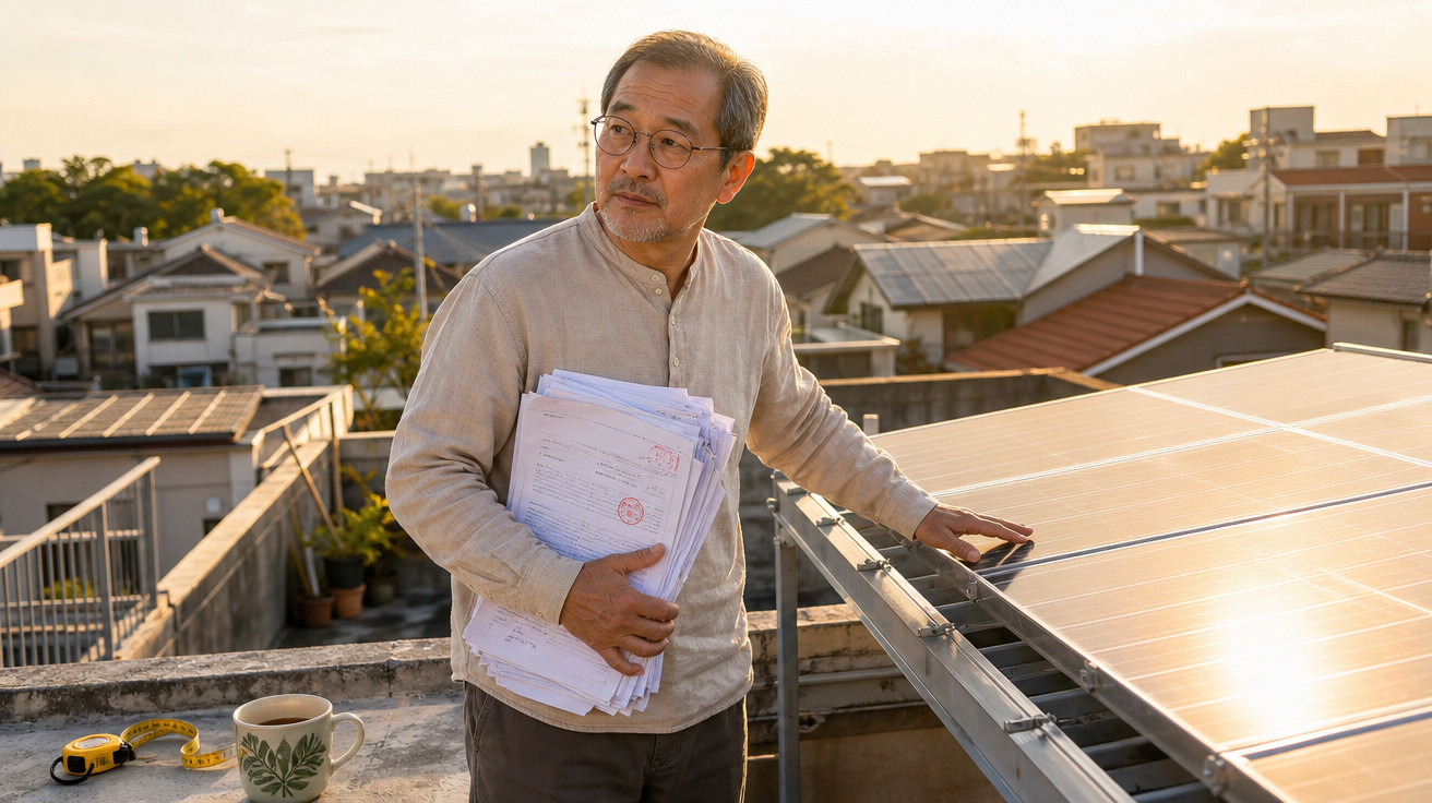 Homem segurando documentos ao lado de painel solar em telhado ao pôr do sol em área urbana.
