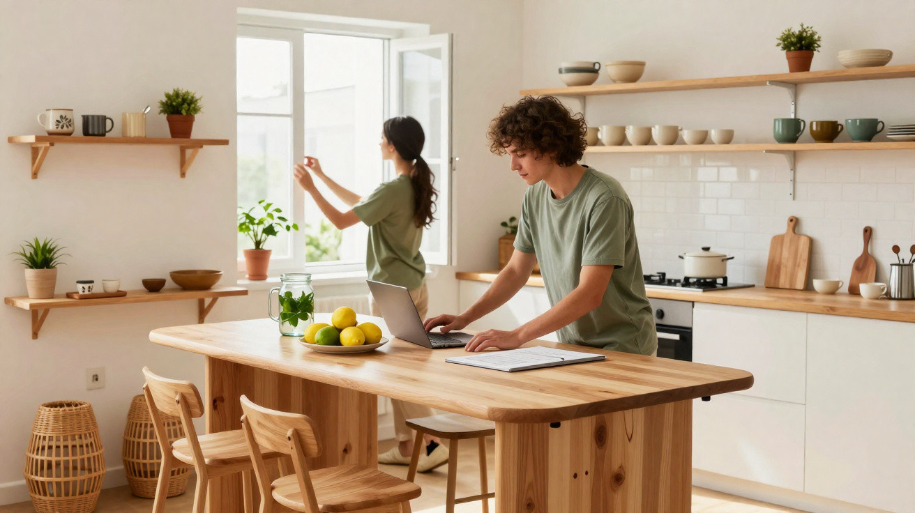 Cozinha clara com decoração minimalista, homem usando laptop e mulher abrindo janela.