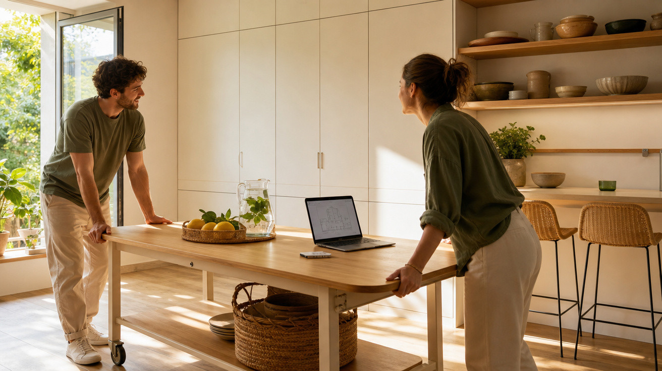 Casal conversando em cozinha moderna com bancada de madeira clara, laptop e jarra de água com limão.
