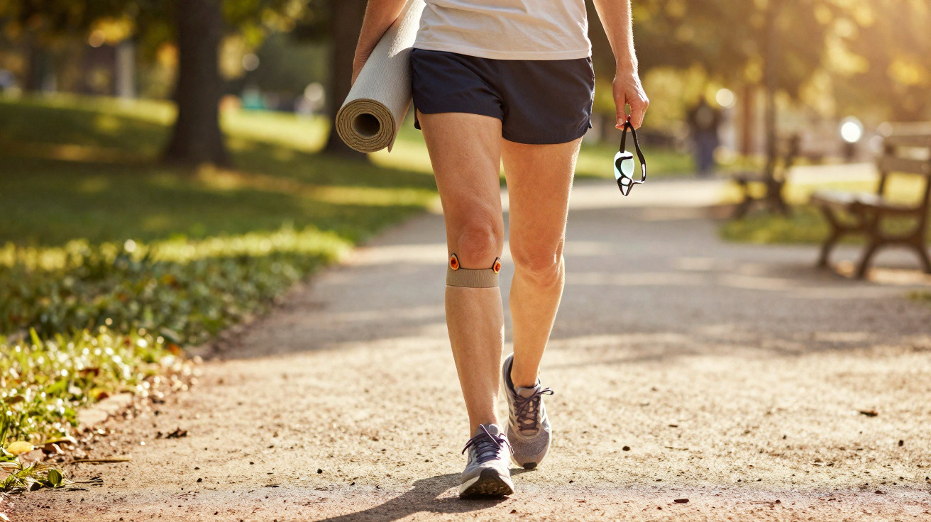 Pessoa caminhando em parque segurando tapete de yoga e óculos de natação.