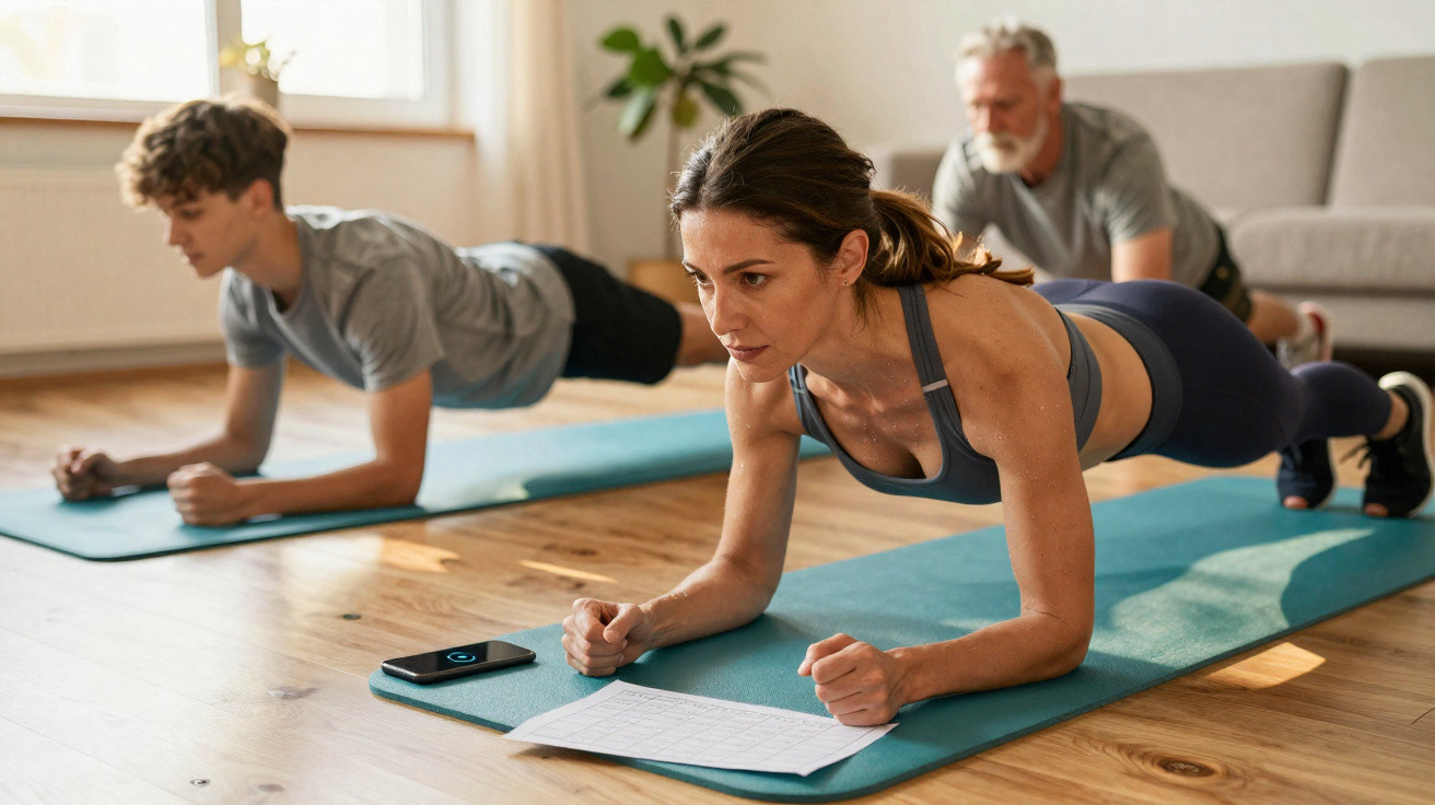 Grupo de três pessoas fazendo prancha em tapetes de yoga em sala iluminada.