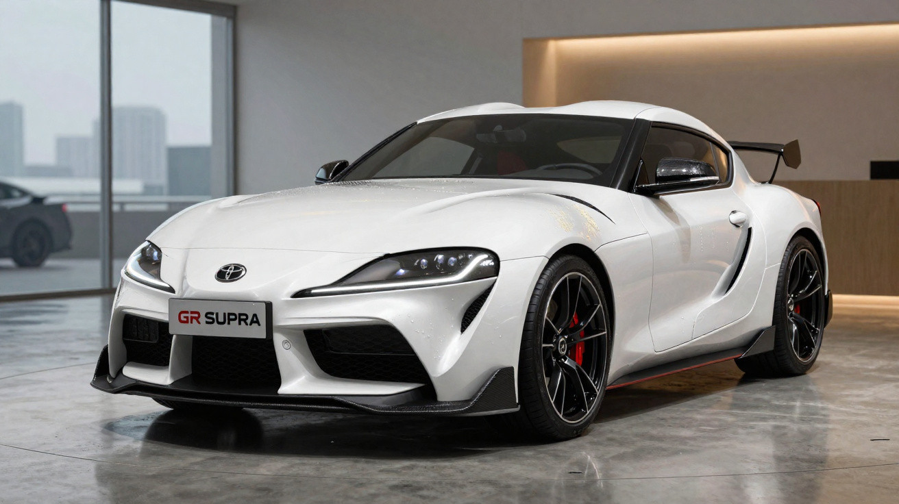 Carro esportivo branco Toyota GR Supra em exibição interna com rodas pretas e detalhes em vermelho.