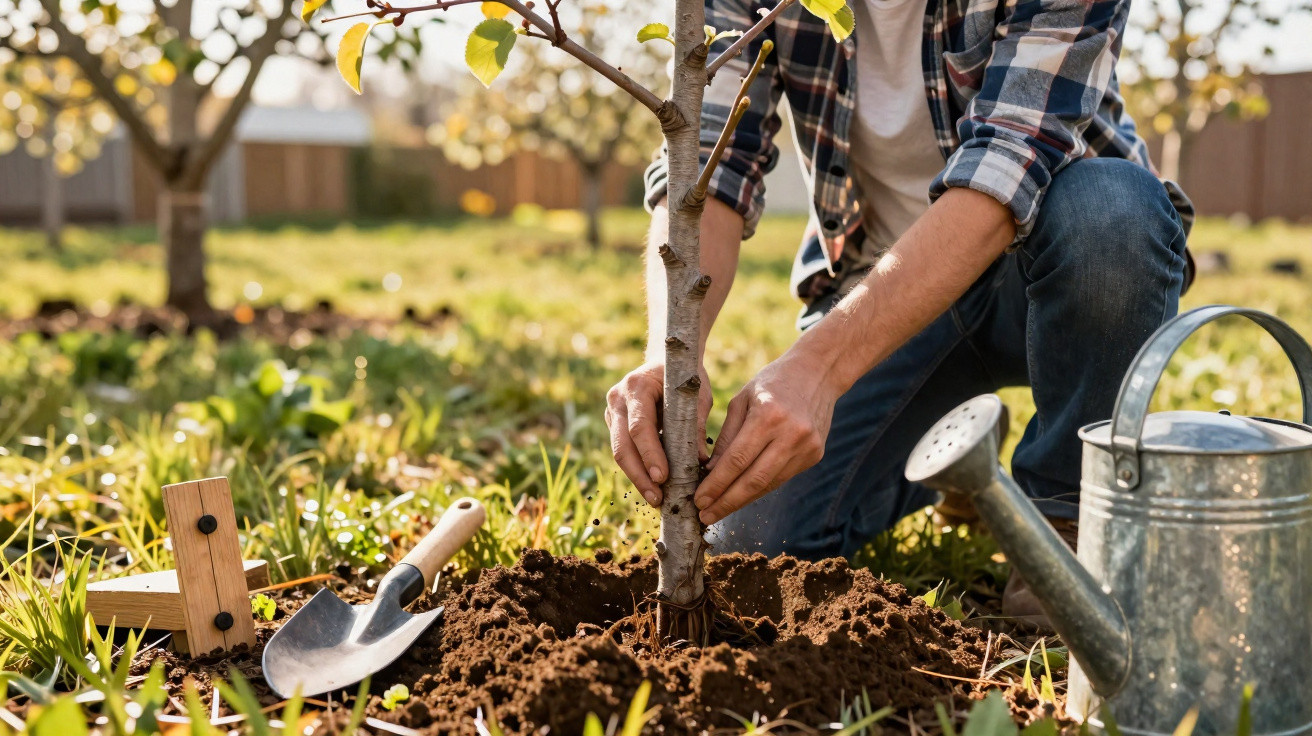 Pessoa plantando árvore jovem em solo arenoso, com regador e pá ao lado em área ao ar livre.
