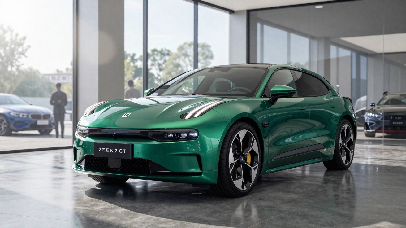 Carro esportivo elétrico verde Zeek 7 GT em exposição em salão moderno com piso de concreto.