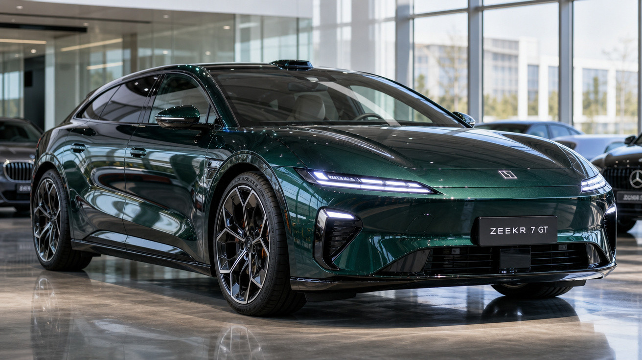 Carro elétrico esportivo Zeekr 7 GT verde escuro em showroom iluminado com janelas grandes ao fundo.