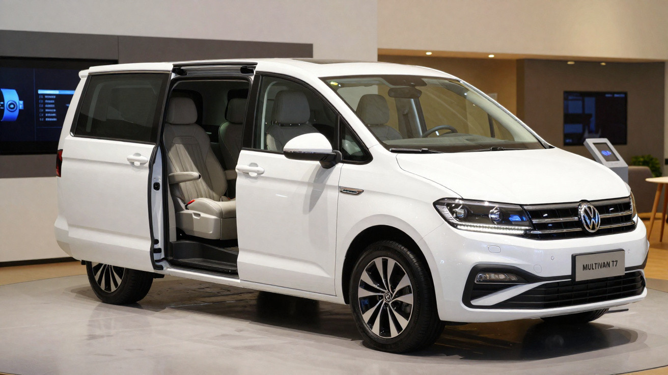 Van Volkswagen Multivan branca com porta lateral aberta, exibindo bancos internos bege em showroom.
