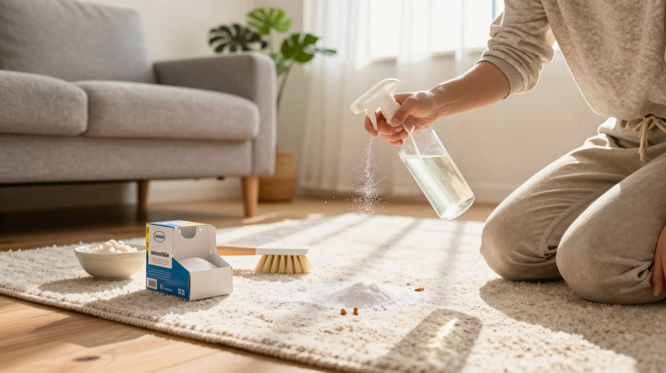 Pessoa aplicando spray de limpeza em tapete bege para remover manchas, com escova e produtos ao redor.