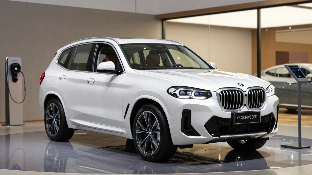 BMW X3 branco estacionado em ambiente interno próximo a estação de recarga elétrica.