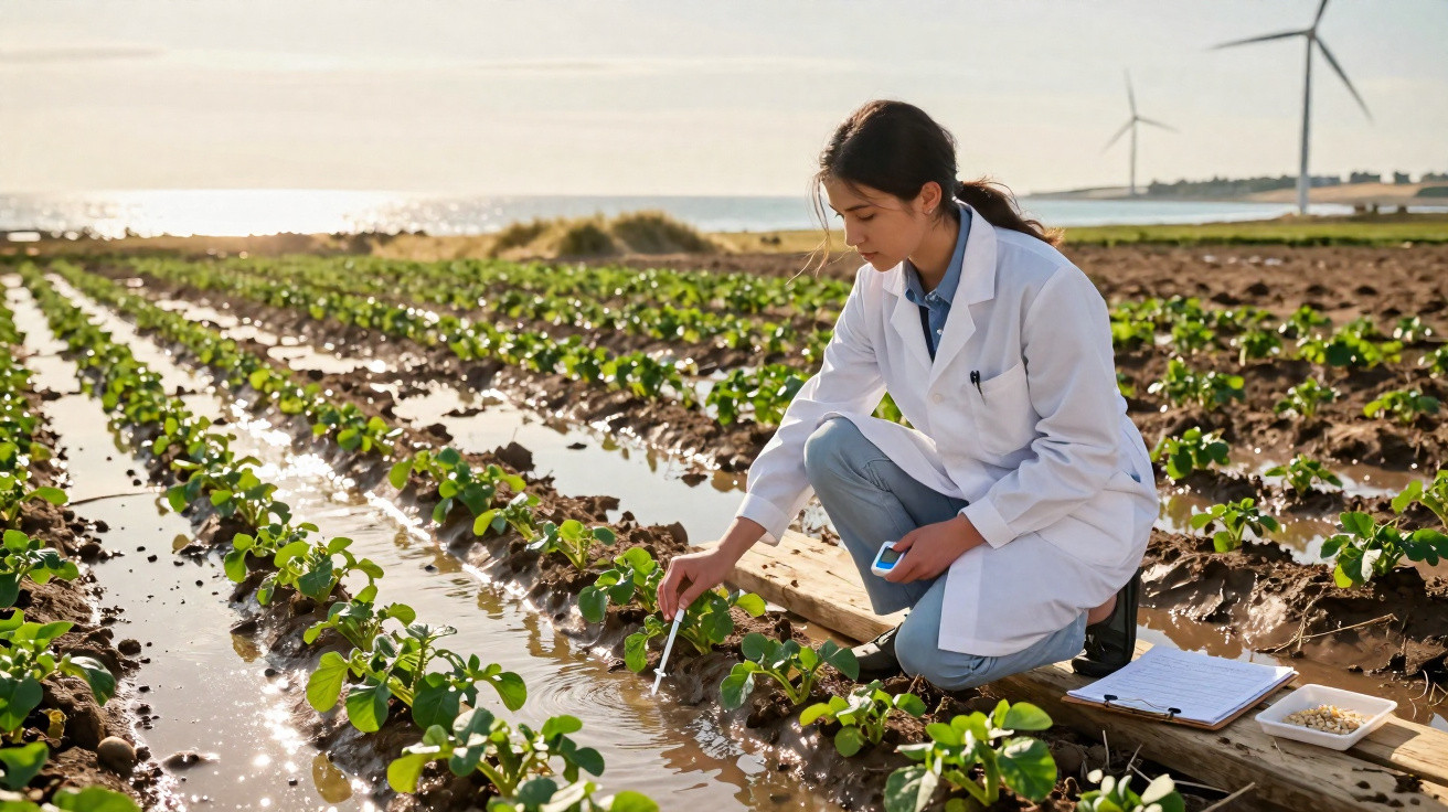 Mulher de jaleco analisando plantas em fileiras de lavoura irrigada com turbinas eólicas ao fundo.