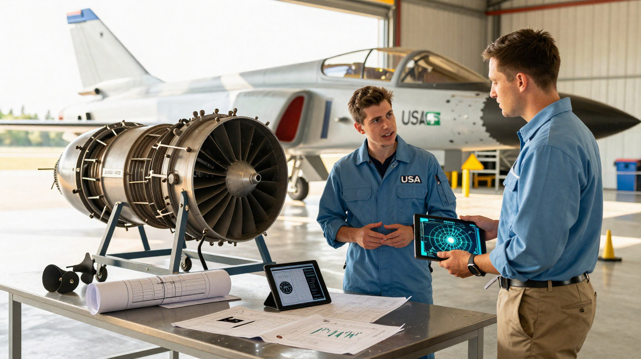 Dois engenheiros discutem projeto em hangar com motor de avião e jato ao fundo.