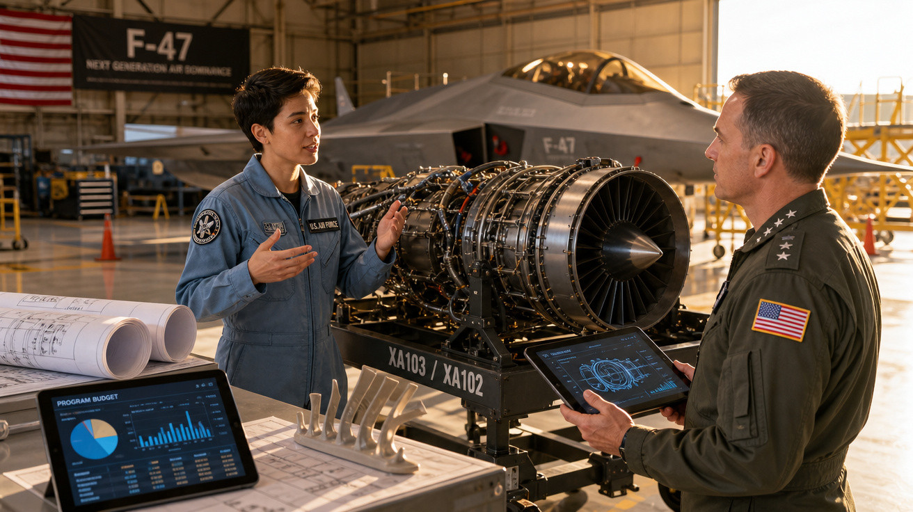 Dois militares conversam diante de motor de aeronave F-47 em hangar, com plantas e tablets ao redor.