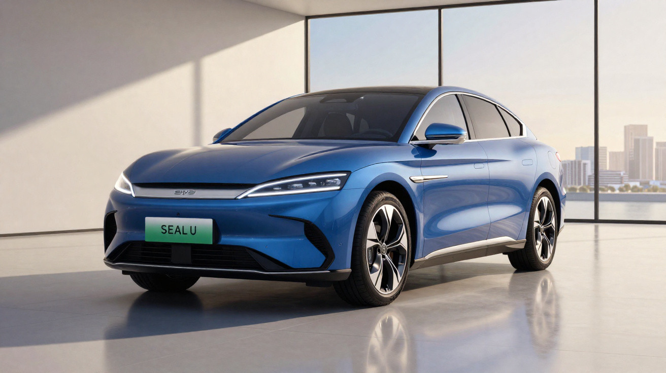 Carro elétrico sedan azul modelo Seal U estacionado em ambiente interno moderno com grandes janelas.