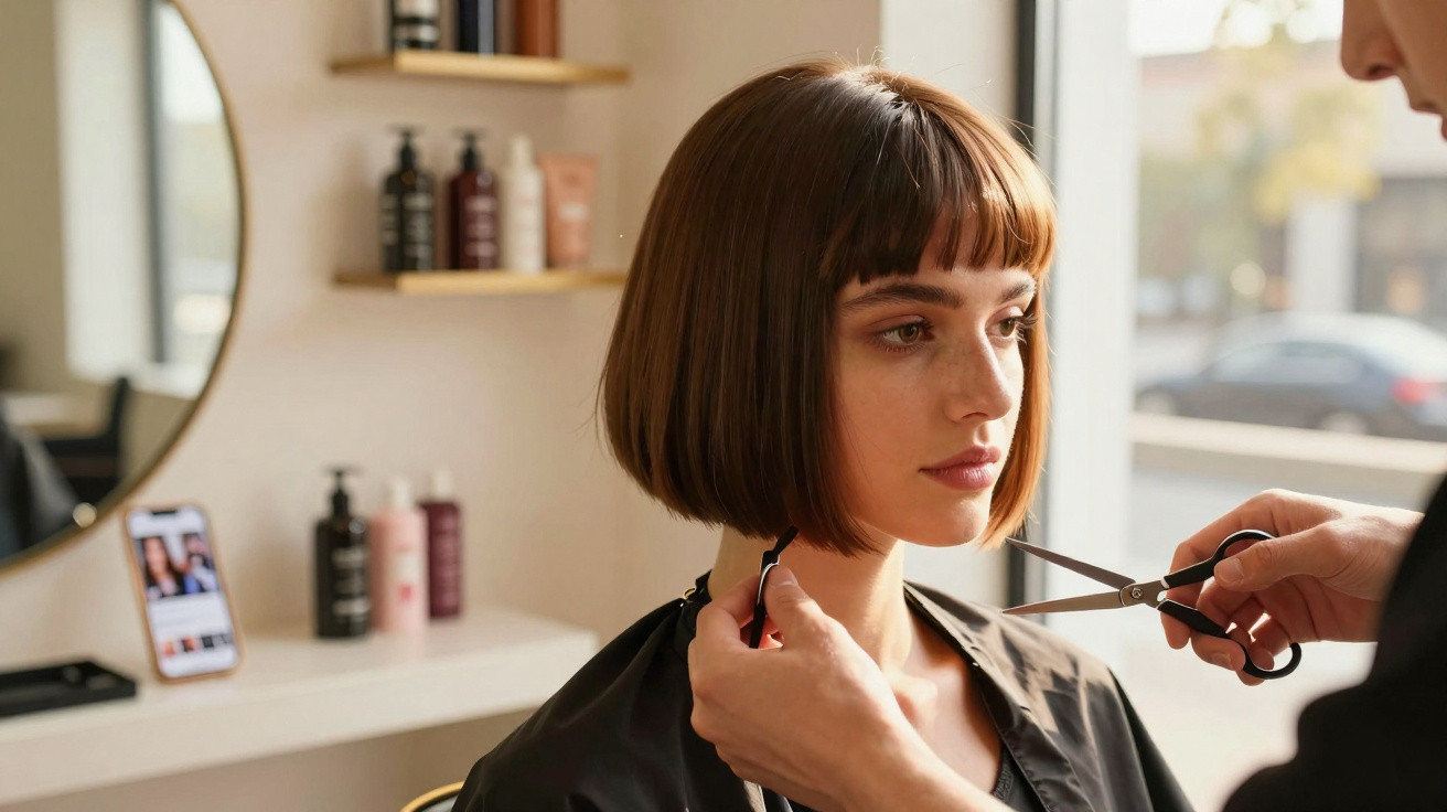 Mulher de cabelo curto sendo preparada para corte em salão de beleza com luz natural.