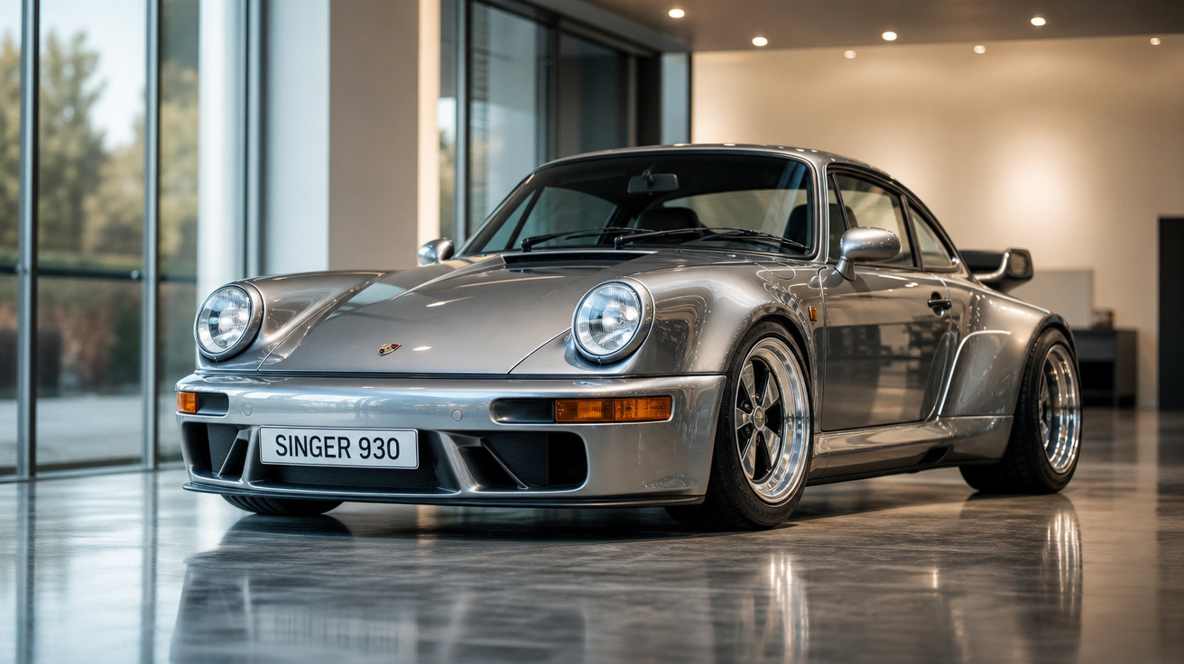 Carro esportivo prata modelo Singer 930 estacionado em piso brilhante dentro de showroom moderno.