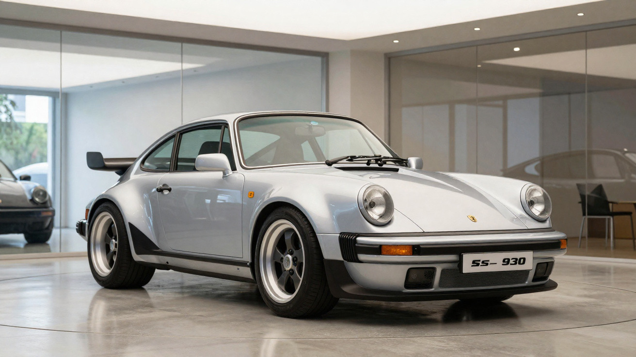 Carro esportivo prata Porsche 911 clássico com aerofólio traseiro em ambiente interno moderno.