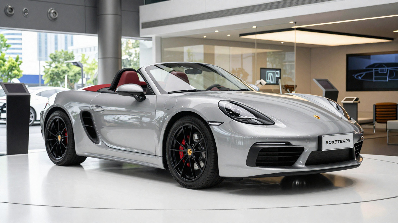 Carro esportivo conversível prata Porsche Boxster 25 em showroom moderno com interiores claros.