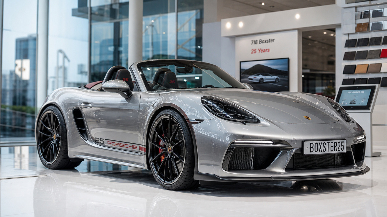 Carro esportivo Porsche 718 Boxster conversível prata exposto em showroom moderno.