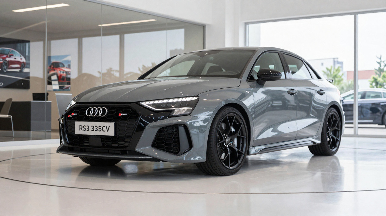 Audi RS3 cinza estacionado em showroom moderno com rodas pretas e grade frontal destacada.