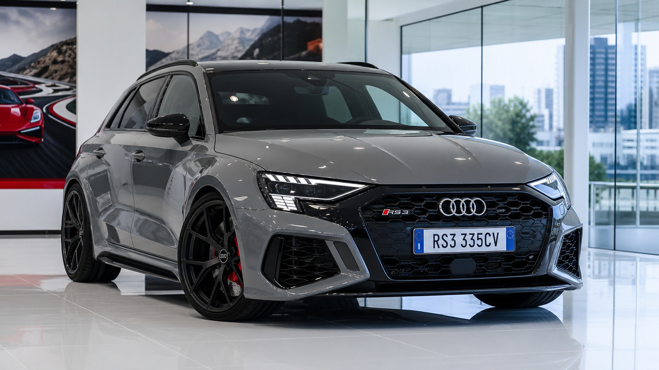 Carro Audi RS3 cinza estacionado em showroom moderno com piso branco e paredes de vidro.