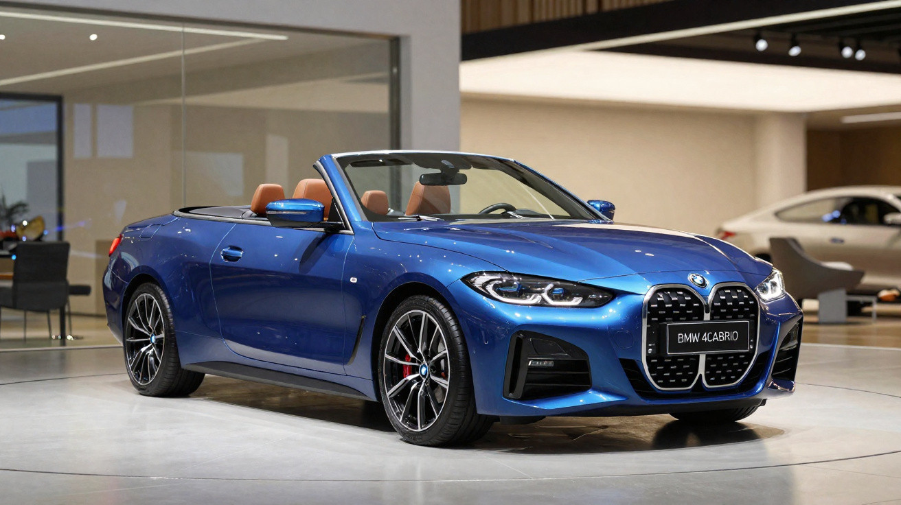 Carro conversível azul BMW 4 Cabrio em exposição, com interior marrom e rodas esportivas.